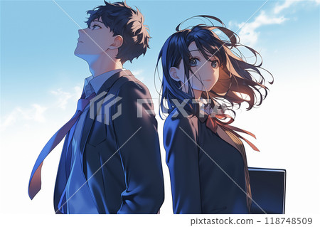 Male and female students standing back to back looking up at the sky 118748509