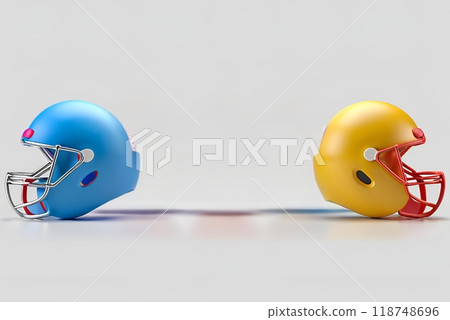 3d Footballs leaning against multiple colored football helmets 118748696