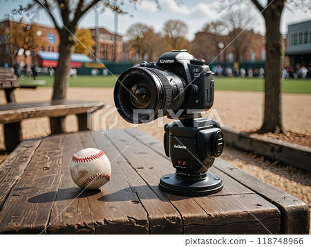 Baseball and camera on a bench on a sunny day outdoors 118748966