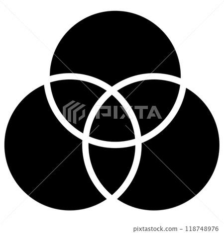 Venn diagram three overlapping circles chart icon. Logic diagram with three overlapping circles sign. Three circle venn diagram symbol. Venn Diagram logo. flat style. 118748976