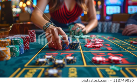 A player engages in an online casino game on a smartphone, handling chips and enjoying the lively atmosphere of the casino 118749050