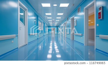 A wide, well lit corridor in a polyclinic features blue walls and floors, promoting a calming atmosphere for visitors and patients 118749065