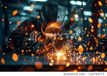 A skilled welder works meticulously in an industrial workshop, creating metal structures amidst sparks and bright lights 118749175