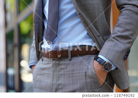 A man dressed in business casual attire, showcasing a tailored suit, a stylish watch, and a confident pose in an urban environment 118749192