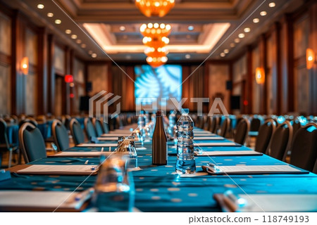Rows of tables are neatly arranged for a business conference, featuring water bottles and stationery, set in an elegant, well lit venue 118749193