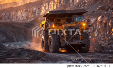 A large dump truck moves iron ore along a dusty path in a mining area, illuminated by the soft light of dawn 118749194