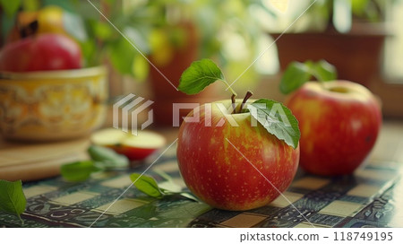 Two shiny red apples with green leaves are arranged on a patterned table in a sunlit room filled with plants 118749195