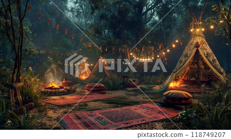 A serene hippie camp in a verdant forest, featuring colorful tents, warm lights, and a cozy firepit for evening relaxation 118749207