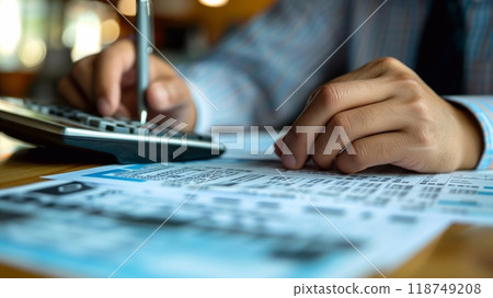 A person uses a calculator while reviewing tax forms on a table, focusing on calculations during the tax preparation period 118749208
