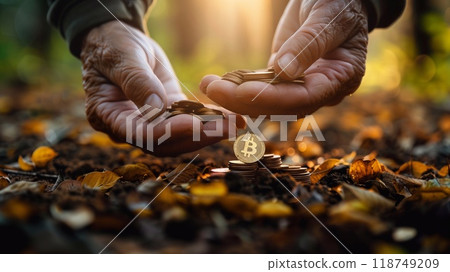 Elderly hands carefully manage cash and cryptocurrency amidst autumn leaves, highlighting the concept of financial assistance and security 118749209