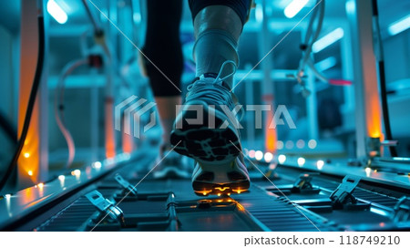 A person walks on a specialized rehabilitation track, surrounded by high tech equipment, emphasizing recovery and therapy 118749210