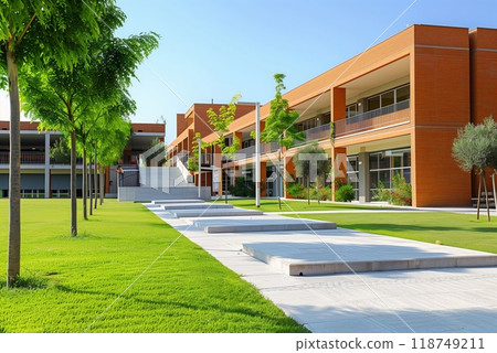 The modern school features vibrant green lawns, unique pathways, and contemporary buildings under clear skies 118749211