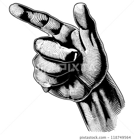 指向左邊的手的銅版雕刻的向量圖。 118749564