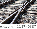 Railroad Track Switches at railway junction. Rail line abandoned at a metallurgical plant in Germany with switches. 118749687