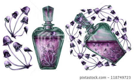 Vertical and inclined transparent green bottle with liquid and poisonous purple toadstools. Watercolor illustration template for esoteric, witchcraft, Halloween: invitations, cards, postcards 118749723