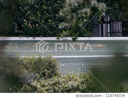 pry peek view through the foliage of the tennis court, hotel area, unkempt tennis practice field pry peek view through the foliage of the tennis court, hotel area, unkempt tennis practice field 118749724
