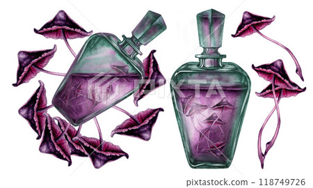 Vertical and inclined transparent green bottle with liquid and poisonous purple toadstools. Watercolor illustration template for esoteric, witchcraft, Halloween: invitations, cards, postcards 118749726