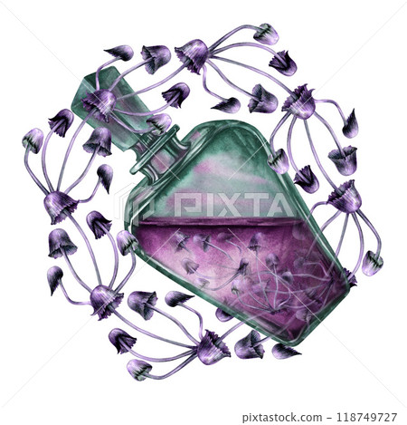 Inclined transparent green bottle with liquid and poisonous purple toadstools. Watercolor illustration template for esoteric, witchcraft, Halloween: invitations, menus, advertising, cards, postcards 118749727