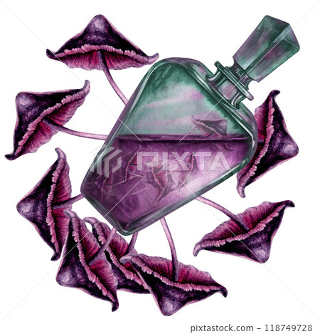 Inclined transparent green bottle with liquid and poisonous purple toadstools. Watercolor illustration template for esoteric, witchcraft, Halloween: invitations, menus, advertising, cards, postcards 118749728