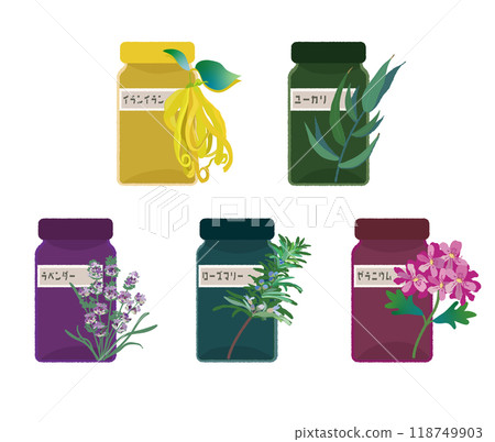 Aromatherapy, essential oils, essential oil bottles and illustrations of rosemary, ylang-ylang, lavender, geranium, and eucalyptus 118749903