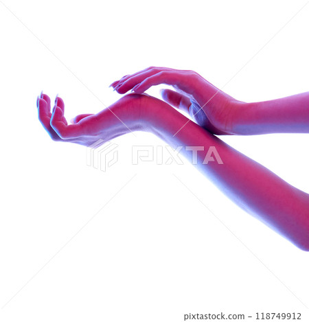 Tender, elegant female hands isolated on white studio background in neon light 118749912