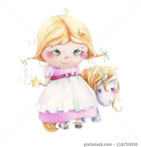 This adorable illustration features a girl next to a stunning and beautiful unicorn, perfect for a children's theme. This adorable illustration features a girl next to a stunning and beautiful unicorn, perfect for a children's theme. 118750056