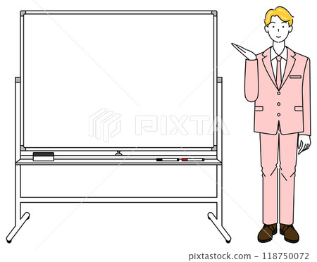 Illustration vector of a man in a suit standing next to a whiteboard and giving a presentation Illustration vector of a man in a suit standing next to a whiteboard and giving a presentation 118750072