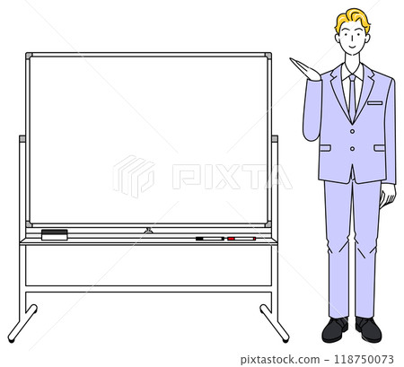 Illustration vector of a man in a suit standing next to a whiteboard and giving a presentation Illustration vector of a man in a suit standing next to a whiteboard and giving a presentation 118750073