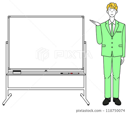 Illustration vector of a man in a suit standing next to a whiteboard and giving a presentation Illustration vector of a man in a suit standing next to a whiteboard and giving a presentation 118750074