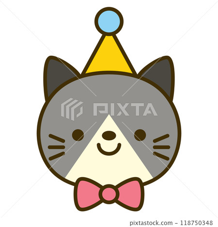 Cute cat face with party hat and bow tie Cute cat face with party hat and bow tie 118750348