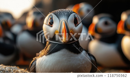 Atlantic Puffin Amongst Peers in Golden Hour Light 118750362