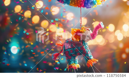 Festive Pinata Celebration with Colorful Confetti and Sparkling Lights 118750384