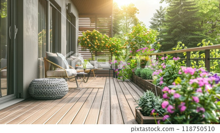 Serene Home Terrace with Blooming Flowers and Lush Greenery Serene Home Terrace with Blooming Flowers and Lush Greenery 118750510