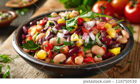 Fresh Mixed Bean Salad Bowl with Colorful Vegetables 118750530
