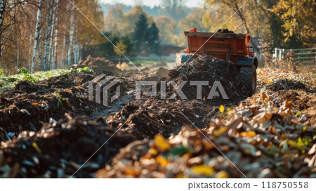 Autumn Composting Process with Red Tractor in Rural Landscape 118750558