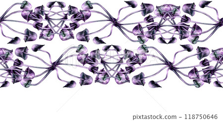 Seamless horizontal border with poisonous purple toadstools on green background. Watercolor illustration template for esoteric, witchcraft, Halloween: invitations, menus, advertising, cards, postcards Seamless horizontal border with poisonous purple toadstools on green background. Watercolor illustration template for esoteric, witchcraft, Halloween: invitations, menus, advertising, cards, postcards 118750646