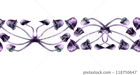 Seamless horizontal border with poisonous purple toadstools on green background. Watercolor illustration template for esoteric, witchcraft, Halloween: invitations, menus, advertising, cards, postcards Seamless horizontal border with poisonous purple toadstools on green background. Watercolor illustration template for esoteric, witchcraft, Halloween: invitations, menus, advertising, cards, postcards 118750647