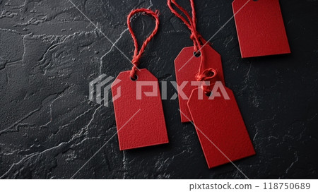 Red Price Tags on Textured Black Background for Sale Concept 118750689