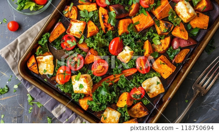 Colorful Roasted Vegetables and Tofu on Baking Sheet. Sweet Potato, Tomato and Halloumi Sheet Tray 118750694