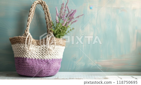 Handcrafted Crochet Bag with Purple Flowers on Rustic Porch 118750695