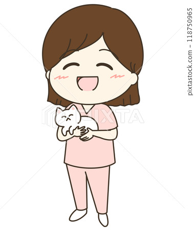 A cute illustration of a veterinary nurse holding a cat 118750965