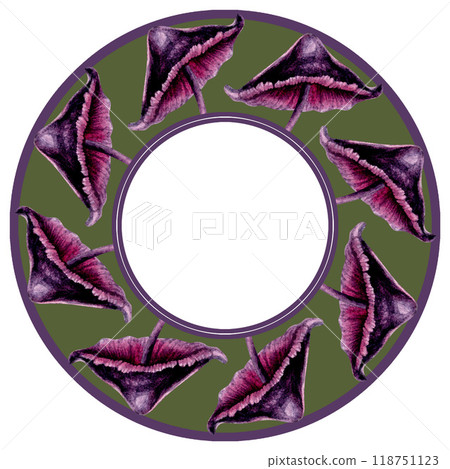 Circular border with poisonous purple toadstools. Watercolor illustration template for esoteric, witchcraft, Halloween: plates, trays, round napkins, pillows, invitations, menus, cards, postcards 118751123