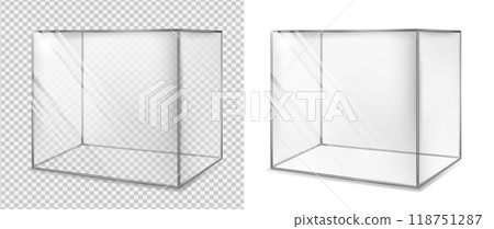 Transparent glass cube. Realistic aquarium. Special showcase 118751287