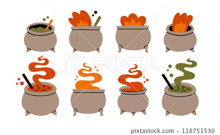 Halloween cauldron set. Flat cartoon icons. Vector illustration of cauldrons different shapes and sizes 118751530