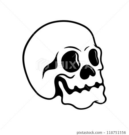 Illustration of human skull in monochrome style. Design element for poster, card, banner, emblem, sign. Vector illustration 118751556