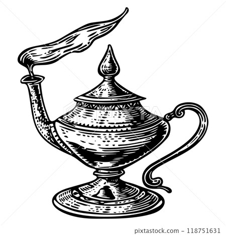 Magic lamp copperplate engraving vector illustration. 118751631