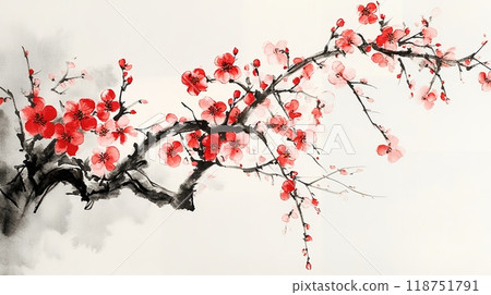 A sumi-e painting drawn with red and black ink AI 118751791