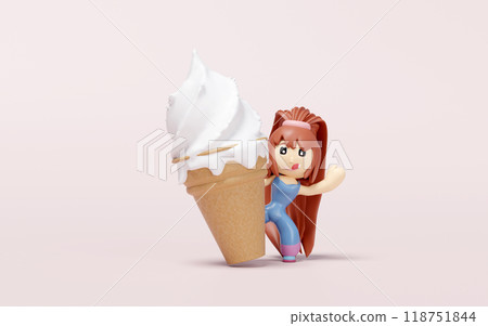 3d long haired girl standing next to big ice cream cone isolated on pink background. 3d render illustration 118751844