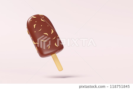 3d ice cream chocolate sticks covered popsicle with topping isolated on cream background. 3d illustration render 118751845