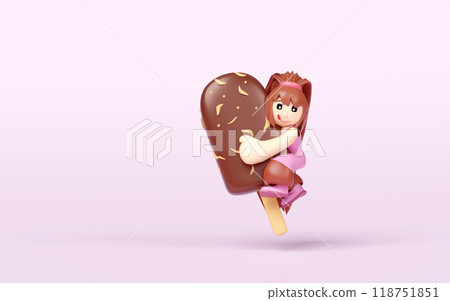 Long haired girl hugging a ice cream chocolate sticks covered with topping isolated on pink background. 3d render illustration 118751851